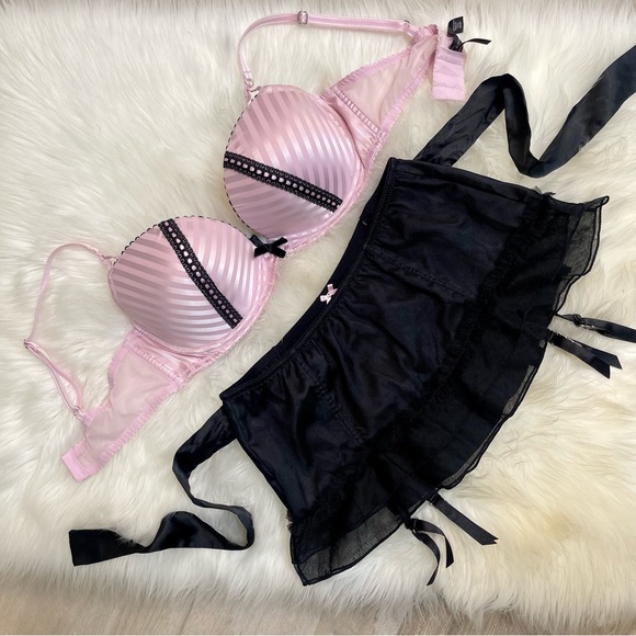36D VS Victoria’s Secret Sexy little things pink stripe Bra  ruffle garter skirt - Picture 1 of 16